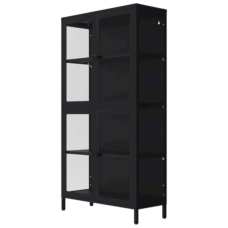 Mueble aparador con cuatro puertas de cristal, estantes ajustables y patas, de acero laminado en frío