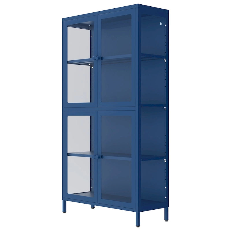 Mueble aparador con cuatro puertas de cristal, estantes ajustables y patas, de acero laminado en frío