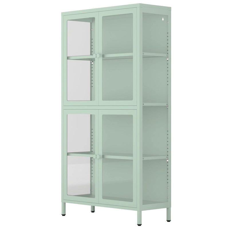 Mueble aparador con cuatro puertas de cristal, estantes ajustables y patas, de acero laminado en frío