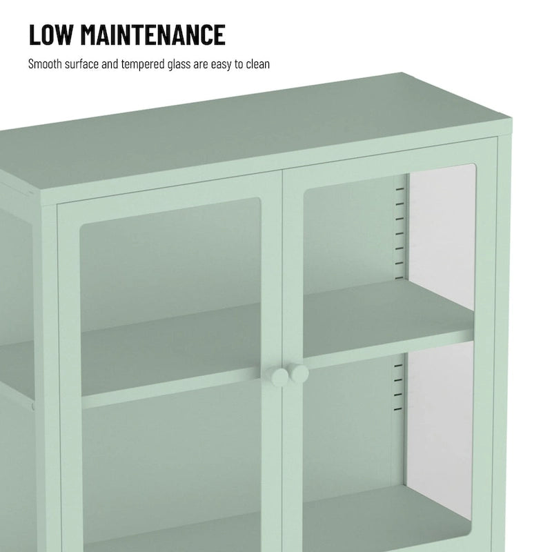 Mueble aparador con cuatro puertas de cristal, estantes ajustables y patas, de acero laminado en frío