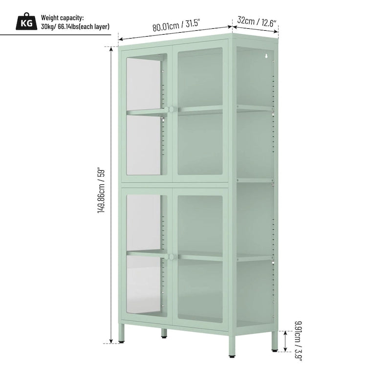 Mueble aparador con cuatro puertas de cristal, estantes ajustables y patas, de acero laminado en frío