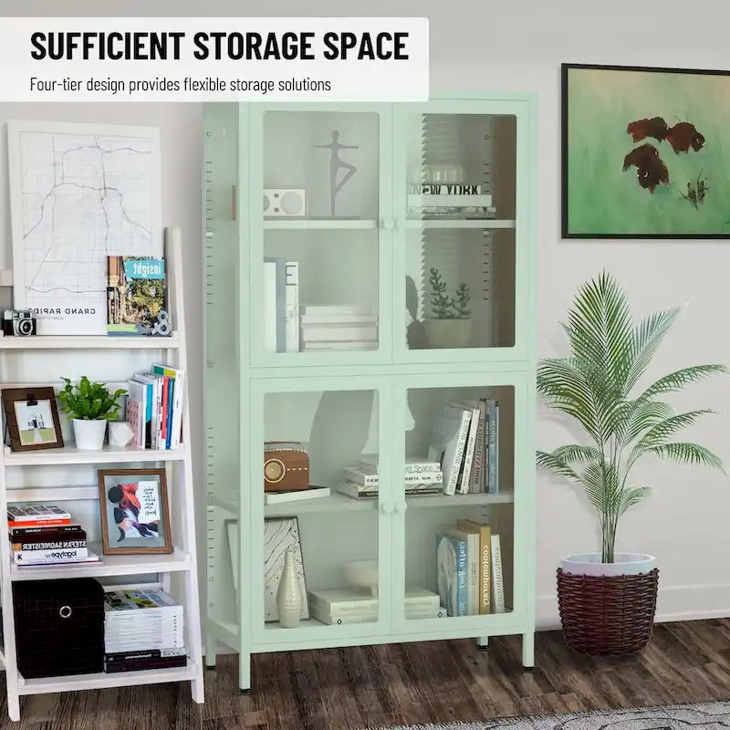 Mueble aparador con cuatro puertas de cristal, estantes ajustables y patas, de acero laminado en frío