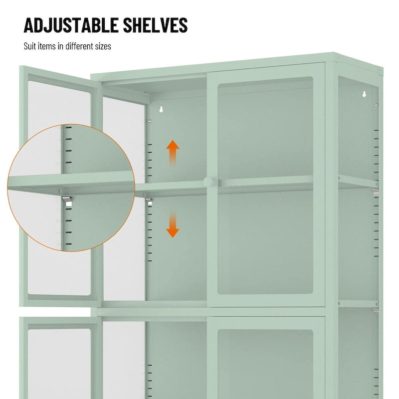 Mueble aparador con cuatro puertas de cristal, estantes ajustables y patas, de acero laminado en frío