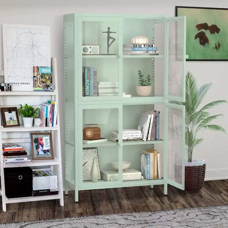 Mueble aparador con cuatro puertas de cristal, estantes ajustables y patas, de acero laminado en frío