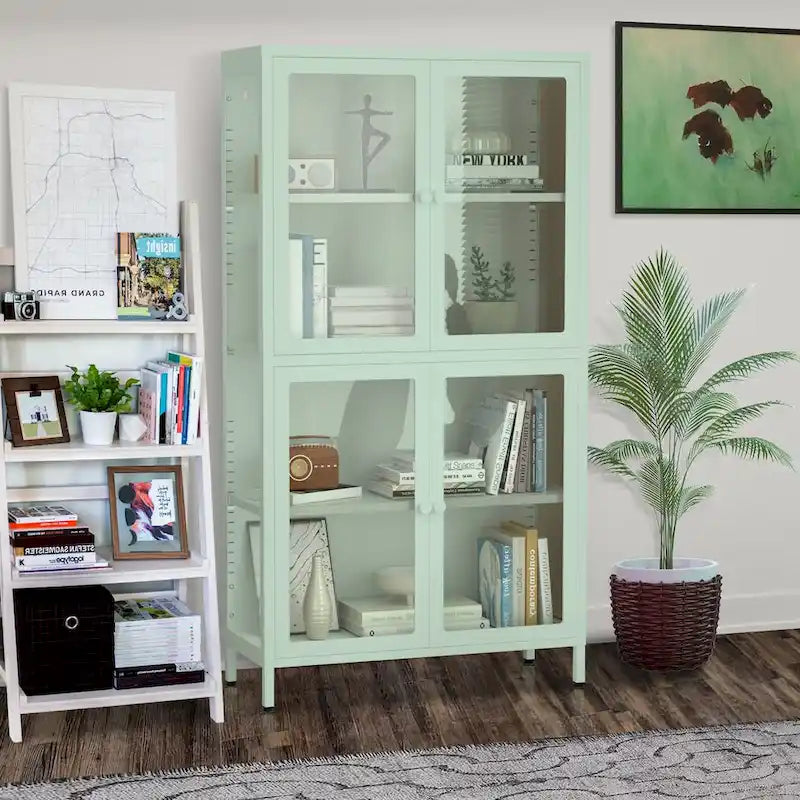Mueble aparador con cuatro puertas de cristal, estantes ajustables y patas, de acero laminado en frío