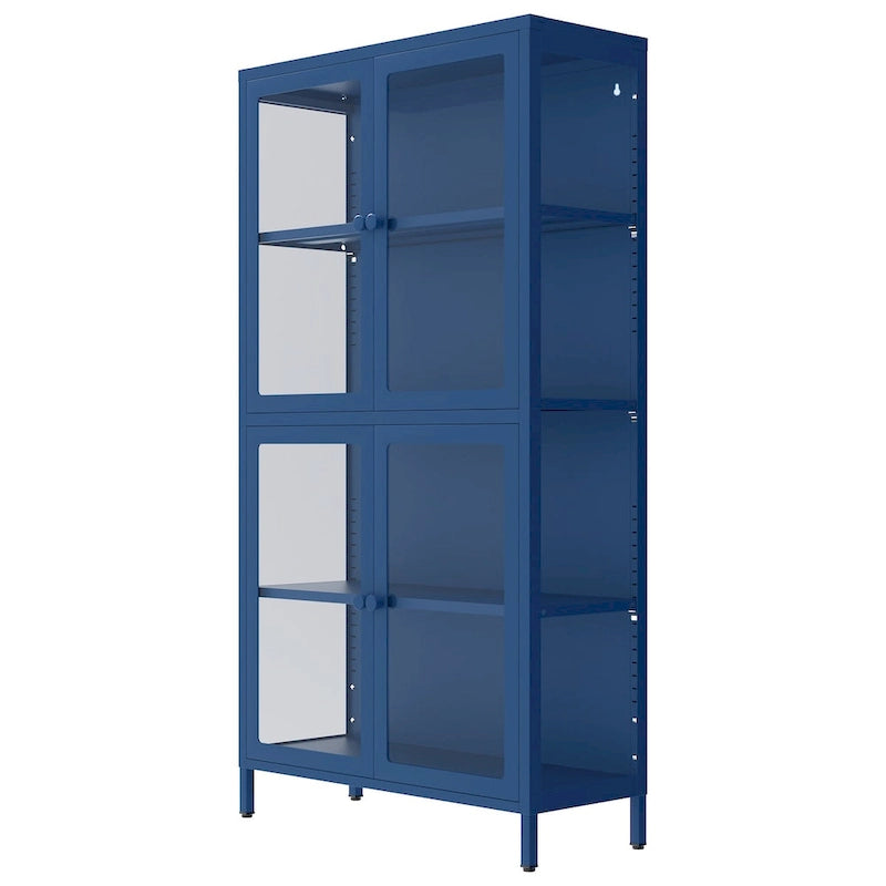Mueble aparador con cuatro puertas de cristal, estantes ajustables y patas, de acero laminado en frío