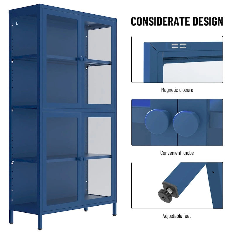 Mueble aparador con cuatro puertas de cristal, estantes ajustables y patas, de acero laminado en frío