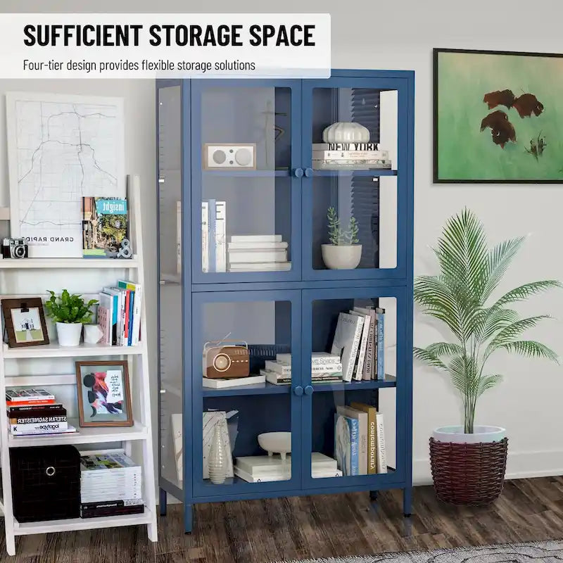 Mueble aparador con cuatro puertas de cristal, estantes ajustables y patas, de acero laminado en frío