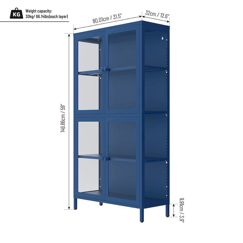 Mueble aparador con cuatro puertas de cristal, estantes ajustables y patas, de acero laminado en frío