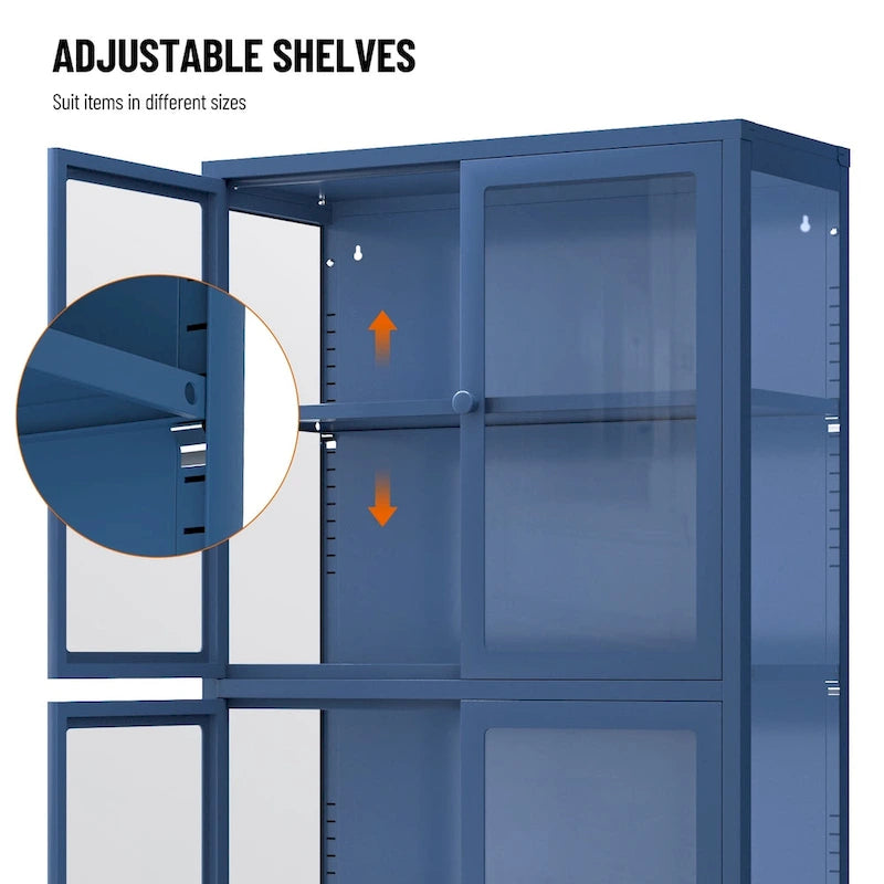 Mueble aparador con cuatro puertas de cristal, estantes ajustables y patas, de acero laminado en frío
