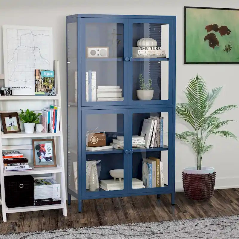 Mueble aparador con cuatro puertas de cristal, estantes ajustables y patas, de acero laminado en frío