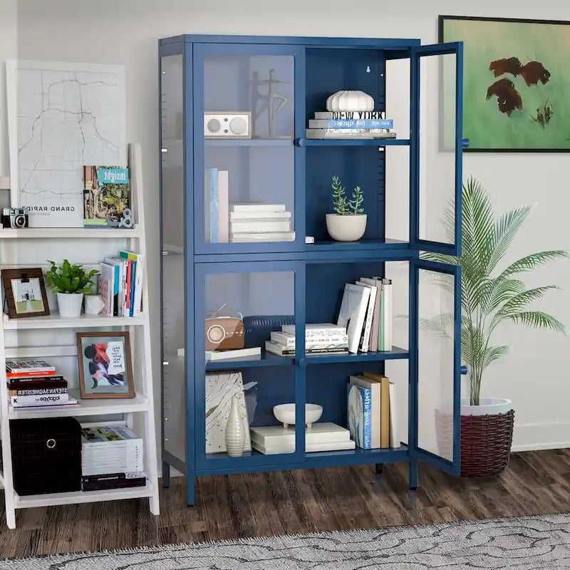 Mueble aparador con cuatro puertas de cristal, estantes ajustables y patas, de acero laminado en frío