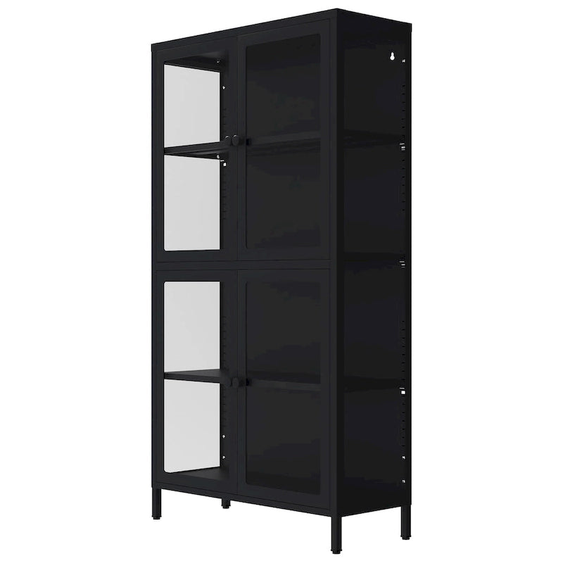 Mueble aparador con cuatro puertas de cristal, estantes ajustables y patas, de acero laminado en frío