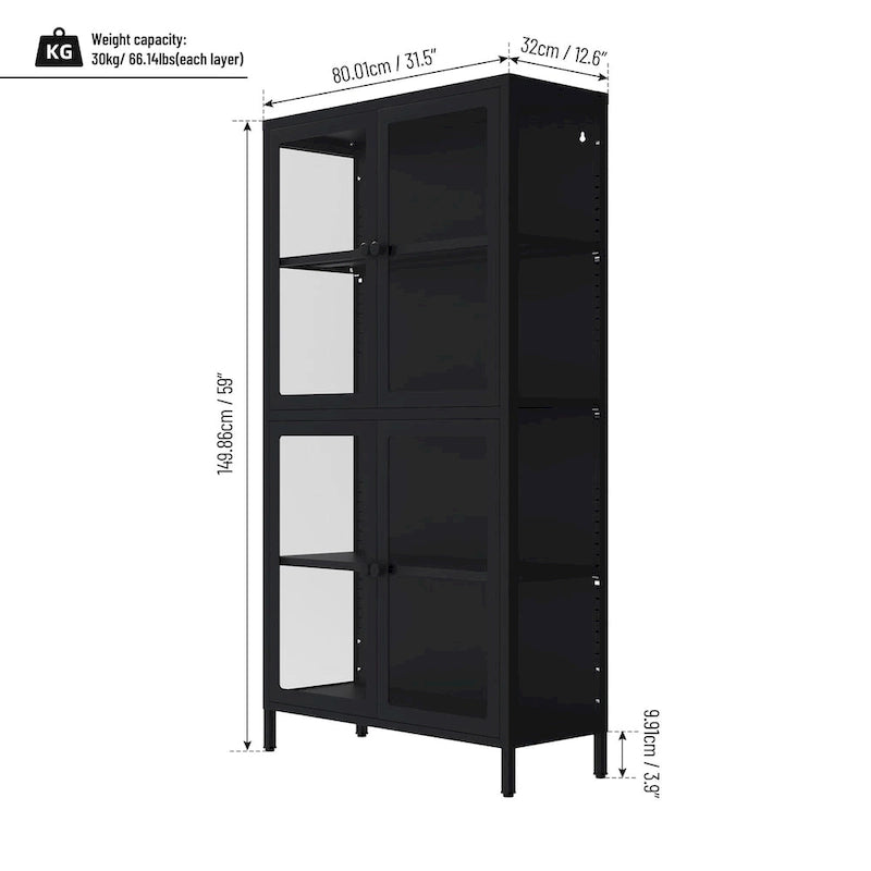 Mueble aparador con cuatro puertas de cristal, estantes ajustables y patas, de acero laminado en frío