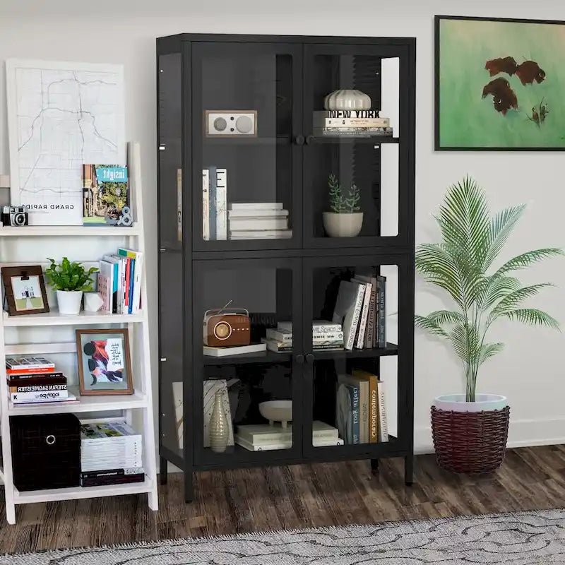Mueble aparador con cuatro puertas de cristal, estantes ajustables y patas, de acero laminado en frío