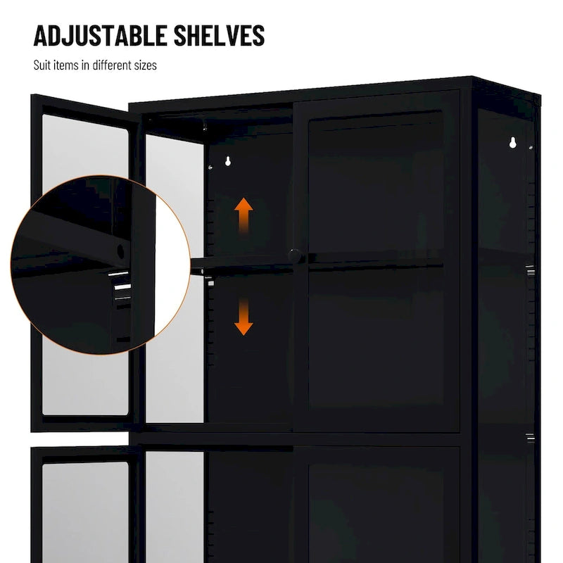 Mueble aparador con cuatro puertas de cristal, estantes ajustables y patas, de acero laminado en frío