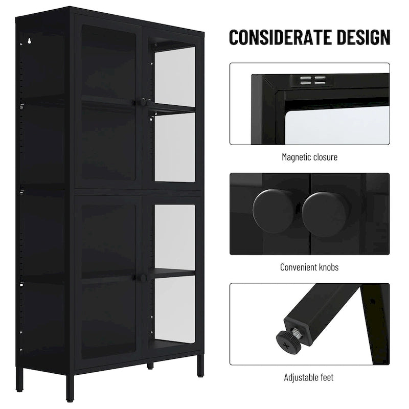 Mueble aparador con cuatro puertas de cristal, estantes ajustables y patas, de acero laminado en frío
