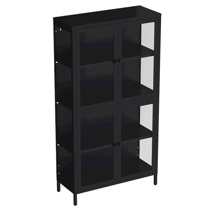 Mueble aparador con cuatro puertas de cristal, estantes ajustables y patas, de acero laminado en frío