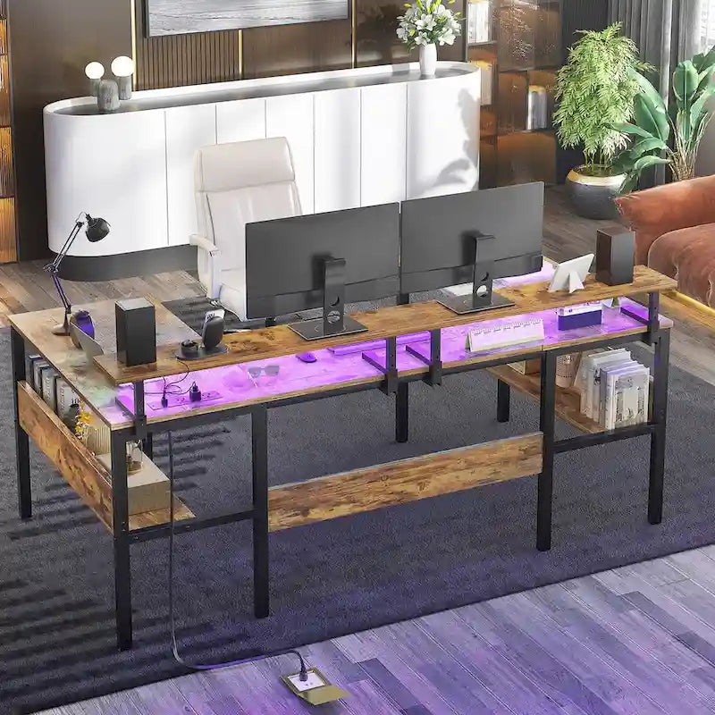 Mesa de ordenador monitor de escritorio para juegos reversible en forma de U con puertos USB y luces LED