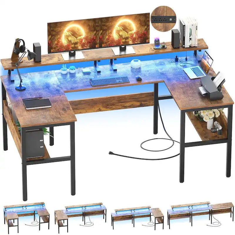 Mesa de ordenador monitor de escritorio para juegos reversible en forma de U con puertos USB y luces LED