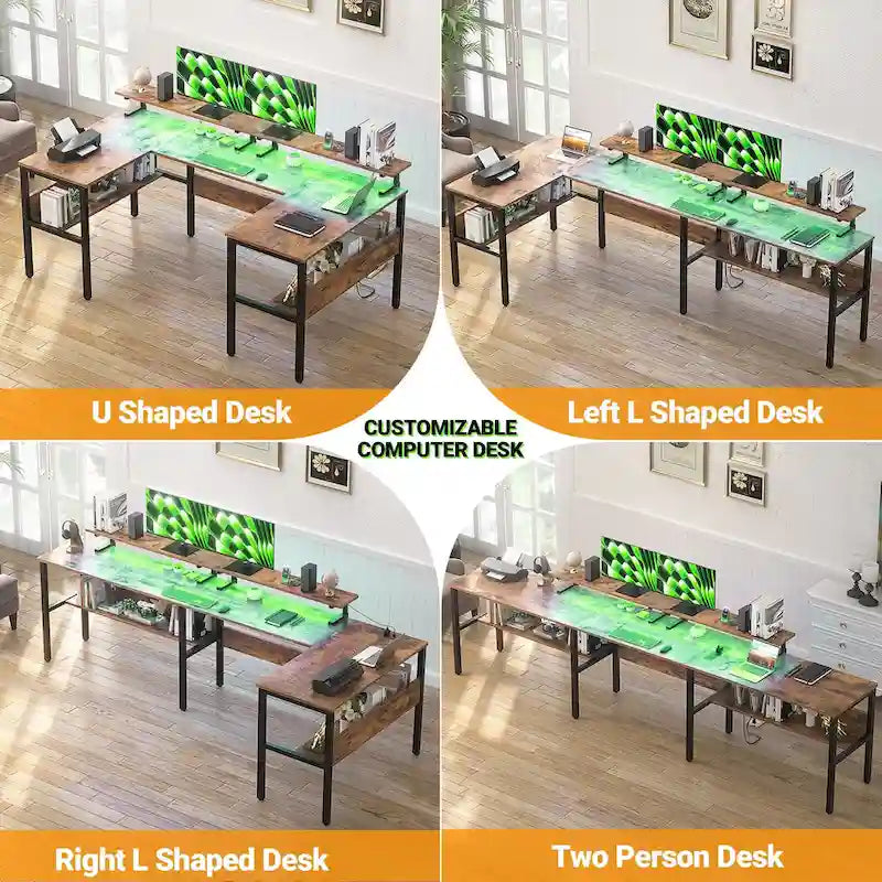 Mesa de ordenador monitor de escritorio para juegos reversible en forma de U con puertos USB y luces LED