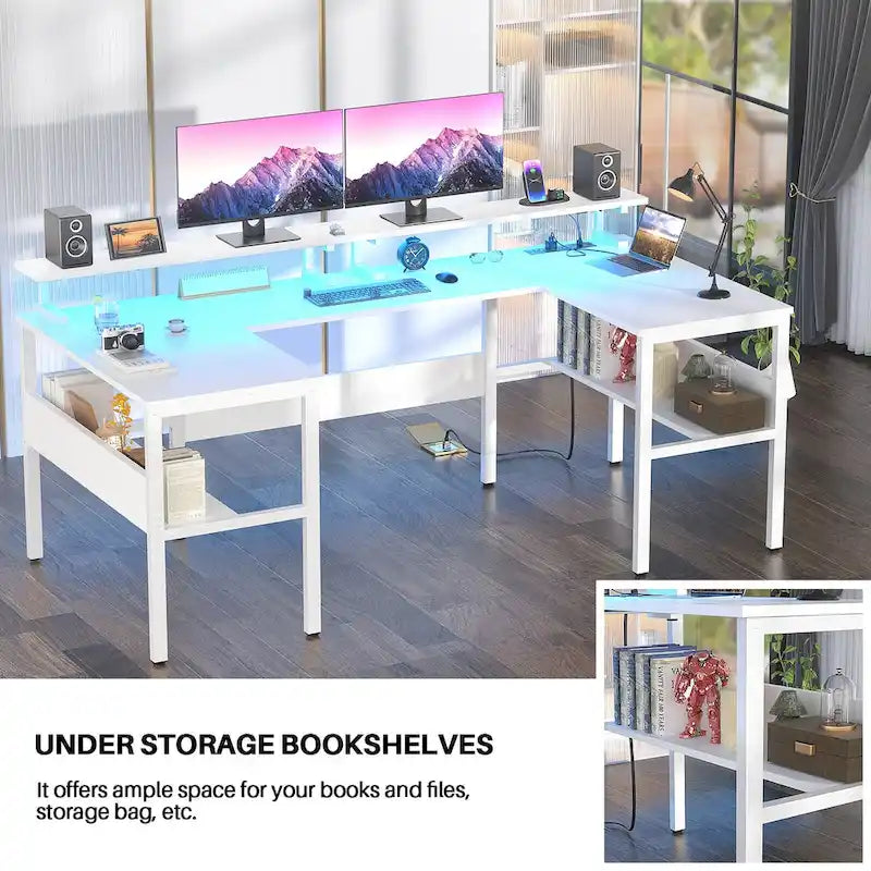 Mesa de ordenador monitor de escritorio para juegos reversible en forma de U con puertos USB y luces LED