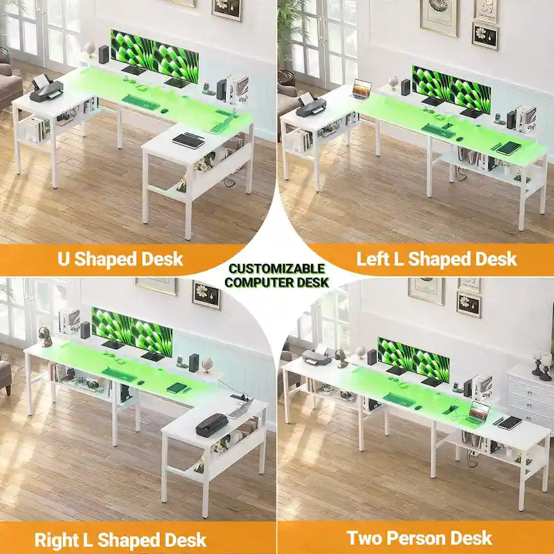 Mesa de ordenador monitor de escritorio para juegos reversible en forma de U con puertos USB y luces LED