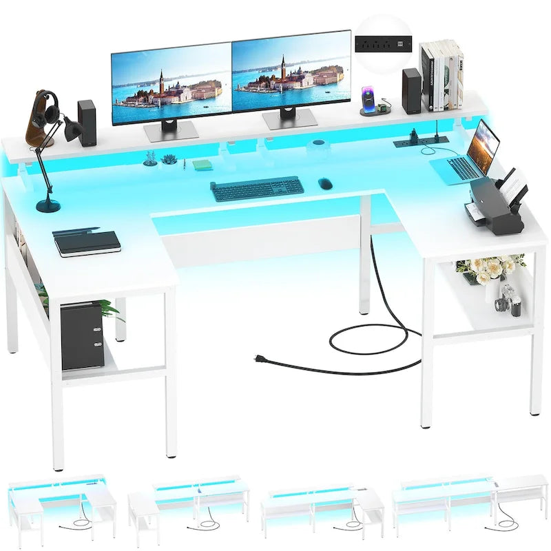 Mesa de ordenador monitor de escritorio para juegos reversible en forma de U con puertos USB y luces LED
