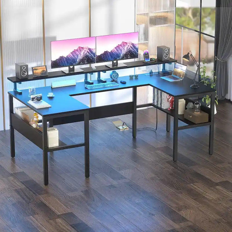Mesa de ordenador monitor de escritorio para juegos reversible en forma de U con puertos USB y luces LED