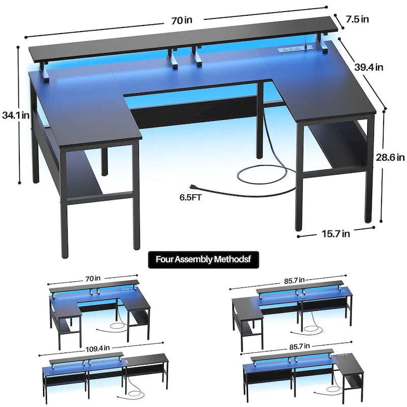 Mesa de ordenador monitor de escritorio para juegos reversible en forma de U con puertos USB y luces LED