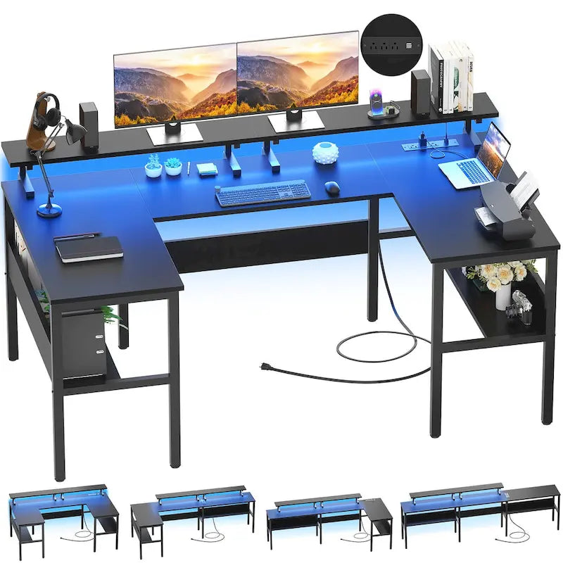 Mesa de ordenador monitor de escritorio para juegos reversible en forma de U con puertos USB y luces LED