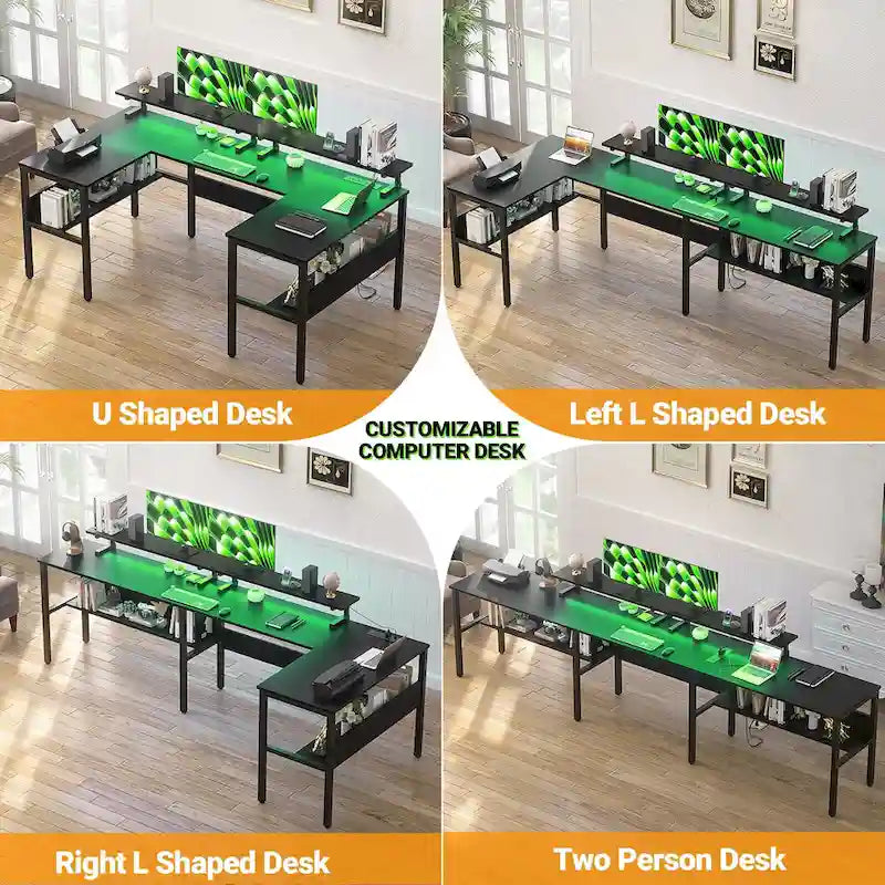 Mesa de ordenador monitor de escritorio para juegos reversible en forma de U con puertos USB y luces LED