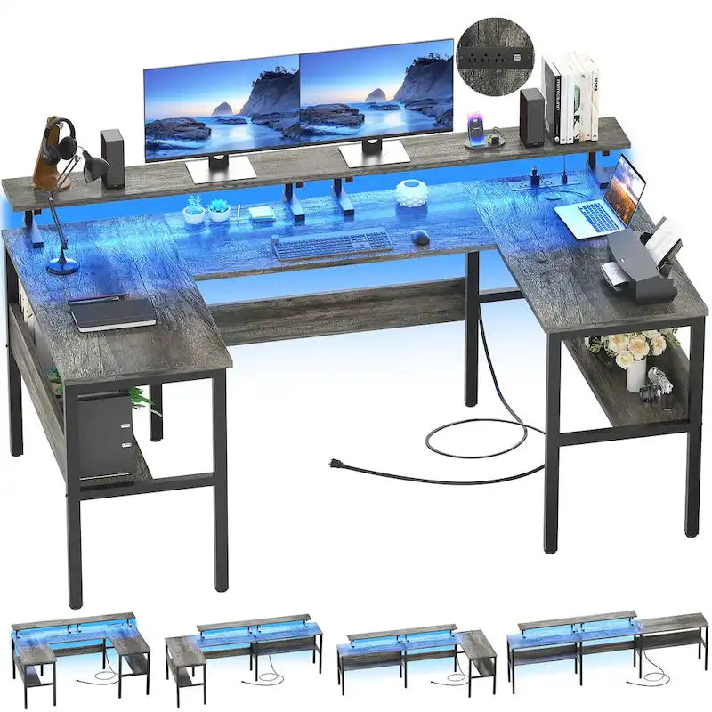 Mesa de ordenador monitor de escritorio para juegos reversible en forma de U con puertos USB y luces LED