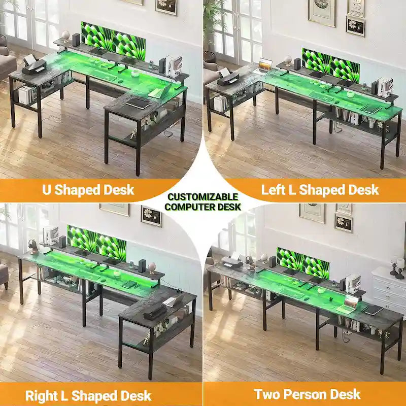 Mesa de ordenador monitor de escritorio para juegos reversible en forma de U con puertos USB y luces LED