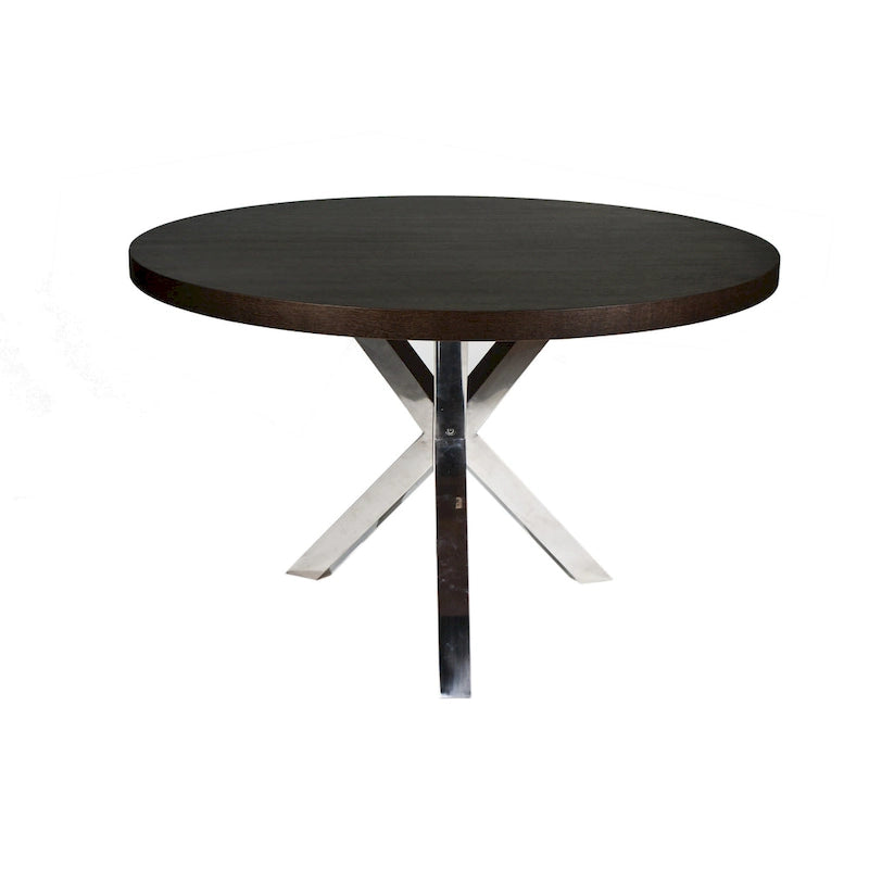 Mesa de comedor redonda de 47 pulgadas, acero cepillado con base en X, madera marrón oscura
