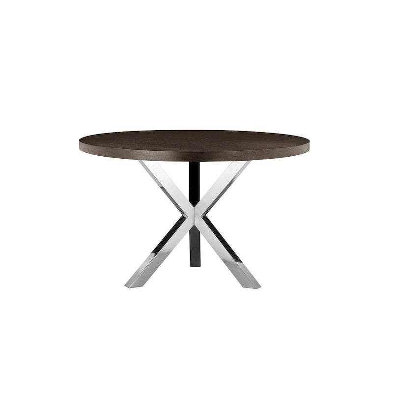 Mesa de comedor redonda de 47 pulgadas, acero cepillado con base en X, madera marrón oscura