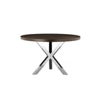 Mesa de comedor redonda de 47 pulgadas, acero cepillado con base en X, madera marrón oscura