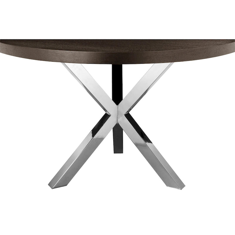 Mesa de comedor redonda de 47 pulgadas, acero cepillado con base en X, madera marrón oscura