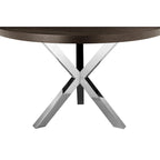 Mesa de comedor redonda de 47 pulgadas, acero cepillado con base en X, madera marrón oscura
