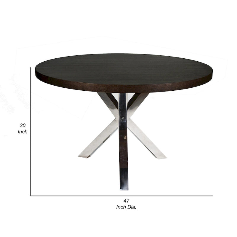 Mesa de comedor redonda de 47 pulgadas, acero cepillado con base en X, madera marrón oscura
