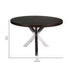 Mesa de comedor redonda de 47 pulgadas, acero cepillado con base en X, madera marrón oscura