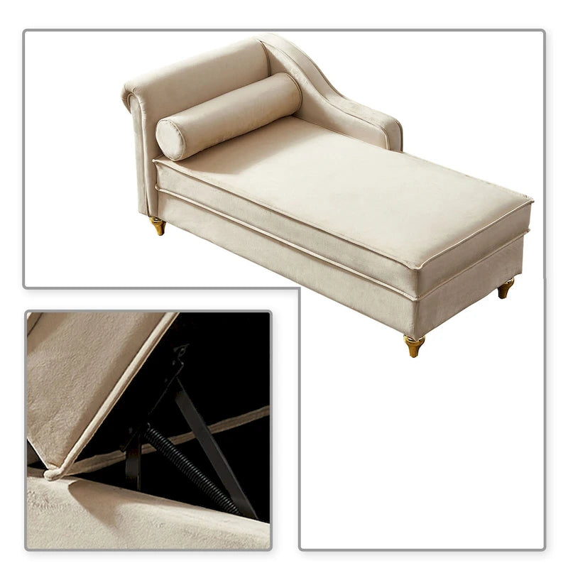 Sillón Chaiselongue de Almacenamiento Tapizado en Terciopelo Francés Elegante con una Almohada