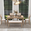 Mesa de comedor de madera maciza de 6 piezas con banco, con lavado de madera natural