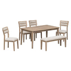 Mesa de comedor de madera maciza de 6 piezas con banco, con lavado de madera natural