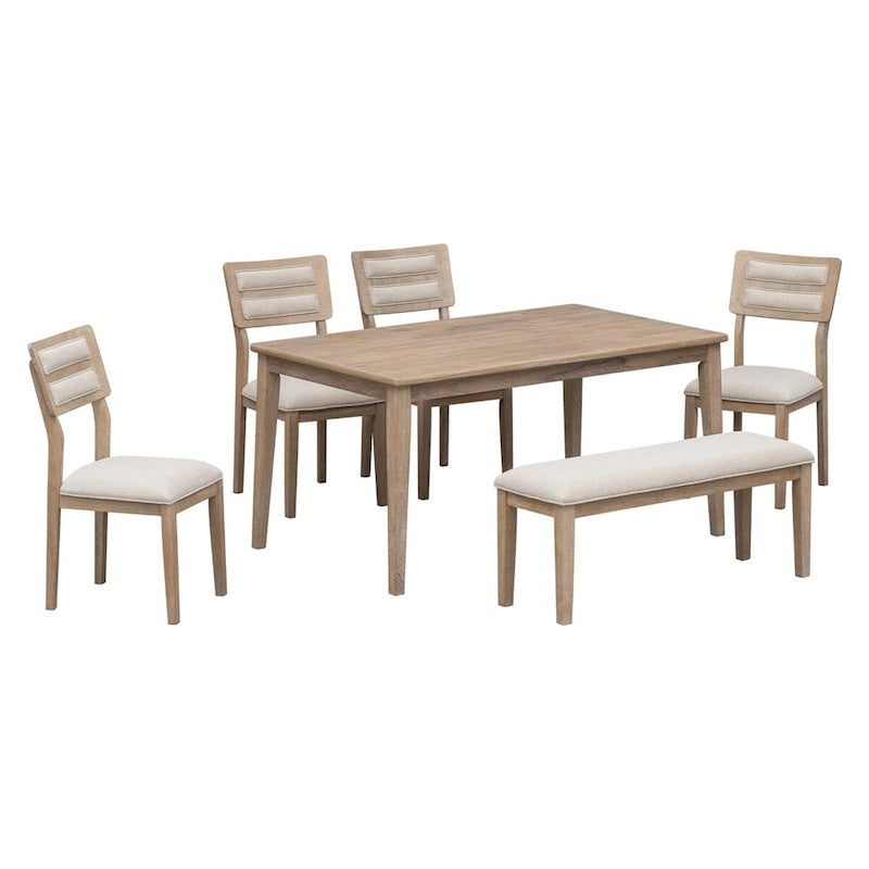 Mesa de comedor de madera maciza de 6 piezas con banco, con lavado de madera natural