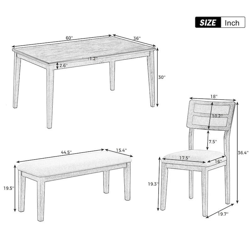 Mesa de comedor de madera maciza de 6 piezas con banco, con lavado de madera natural